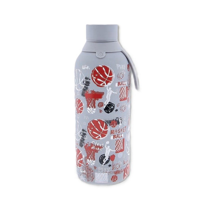 Borraccia termica grigia decorata a tema basket in acciaio inox doppia parete da 500 ml